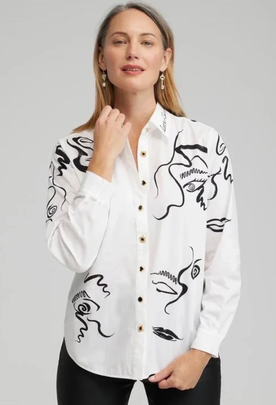 Chicos Modern Art Print Shirt Long Sleeve Button White Black Sz 12